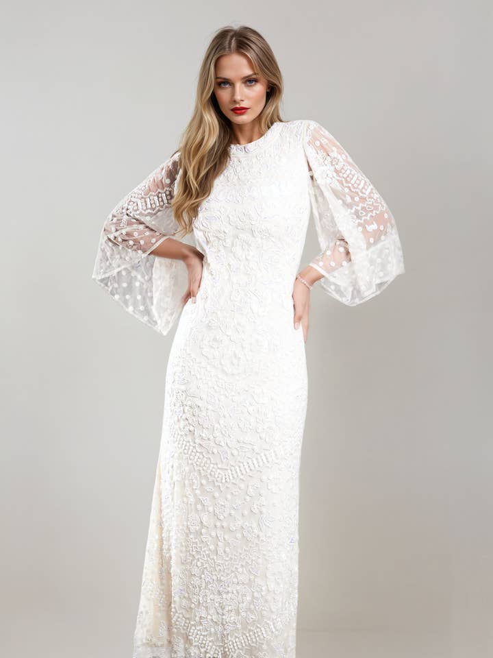 Tamara Embellished Modest Wedding Dress In Off White for wholesale by Jywal London®