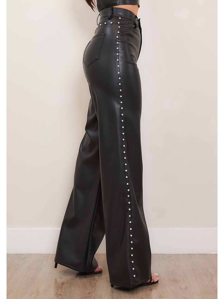 Black Vegan Leather Wide Leg Pants With Pearl for wholesale on Faire