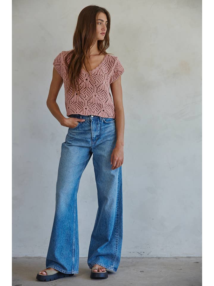 By Together - Wholesale Knit Top - Women's - W2030 | Knit Sweater Cotton Crochet V-Neck Cap Sleeve Top