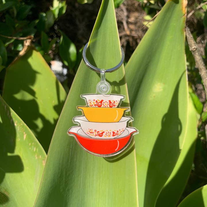 Vintage Friendship Pattern Pyrex Red and Orange Keychain for wholesale by Extremely Retro