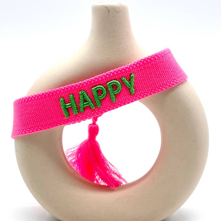 HAPPY braccialetto dichiarazione audace intrecciato, ricamato per la vendita all'ingrosso da parte di Parsley & Pepper