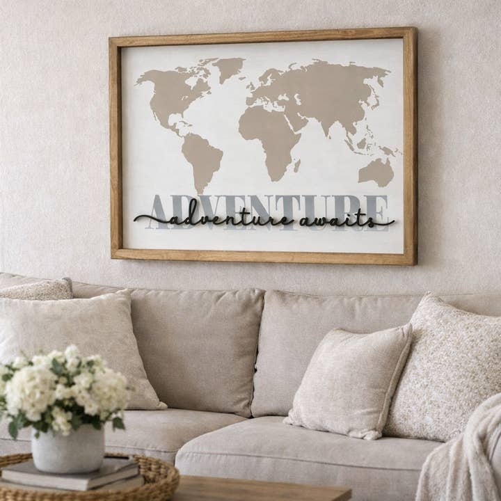 Adventure Awaits World Map with 3D Lettering Signature Design P03774 for wholesale by Paisley Grace Makery