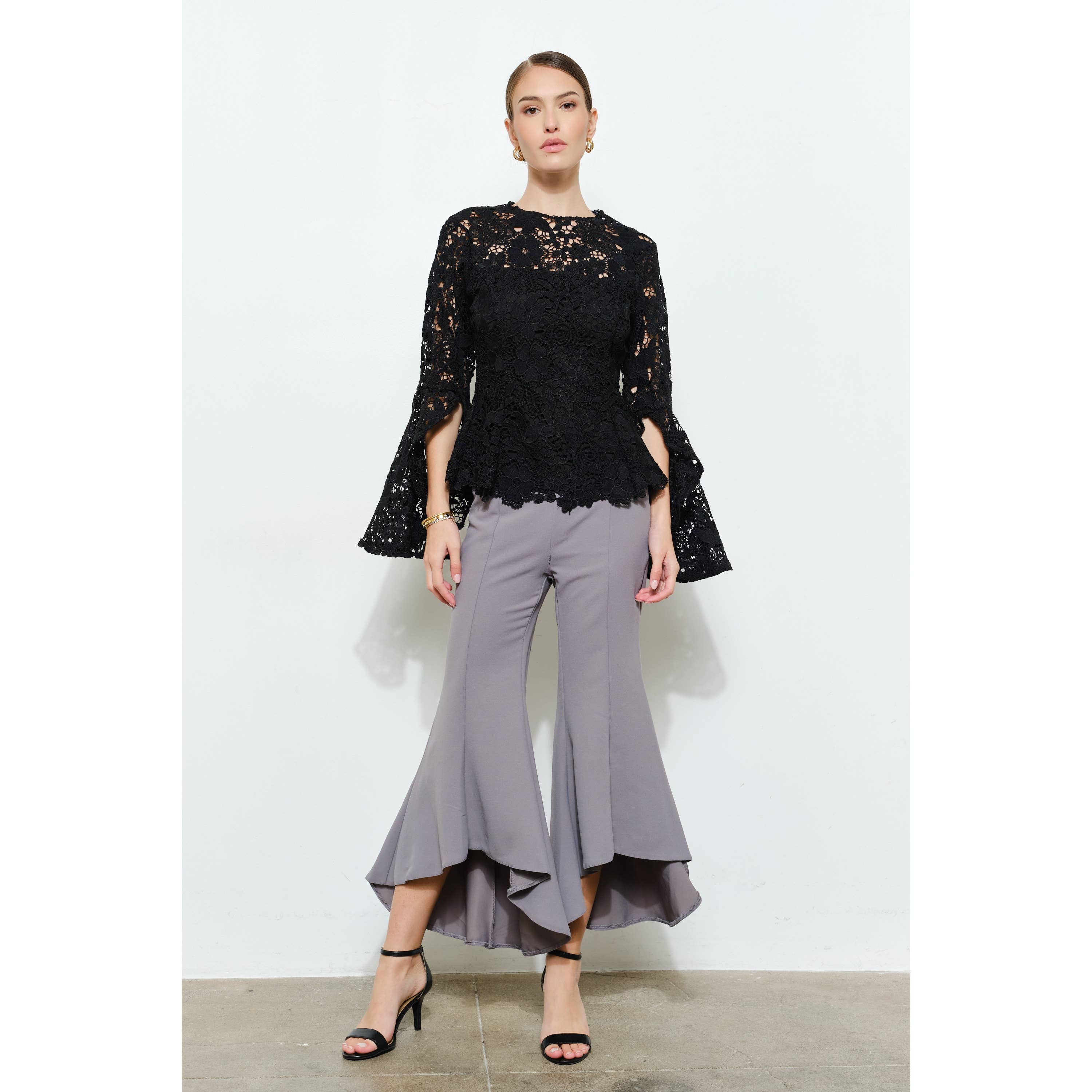 INA - Wholesale Blouse - Women's - Floral Lace Slitted Long Sleeves Blouse Woven Top23