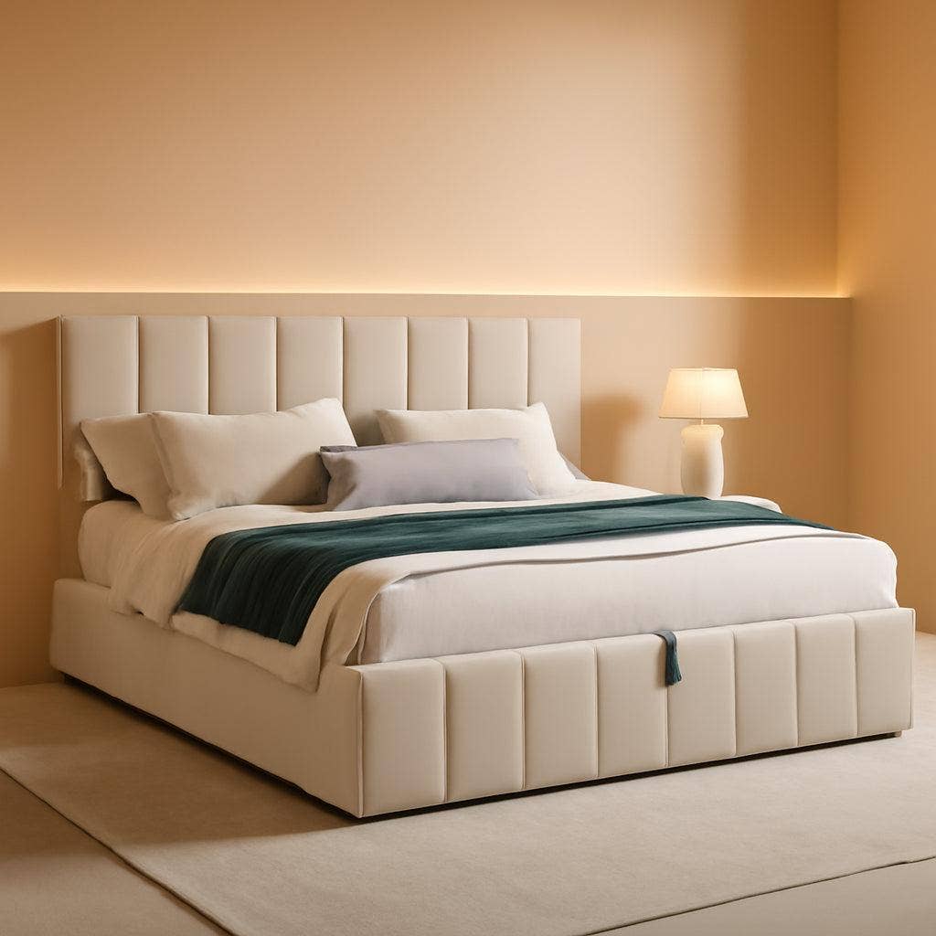 Queen Size Beige Gas Lift Platform Bed With Storage for wholesale on Faire0