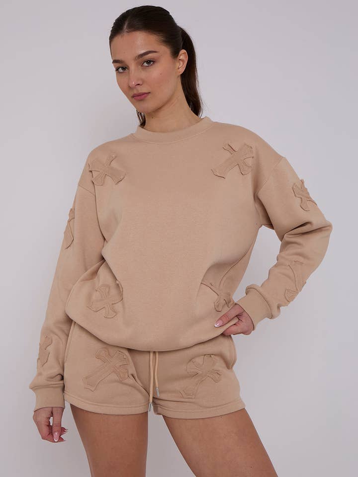 AX Labels - Wholesale Lounge Set - Women's - Crucifix Embroidered Sweatshirt & Shorts Fleece Co-ord27