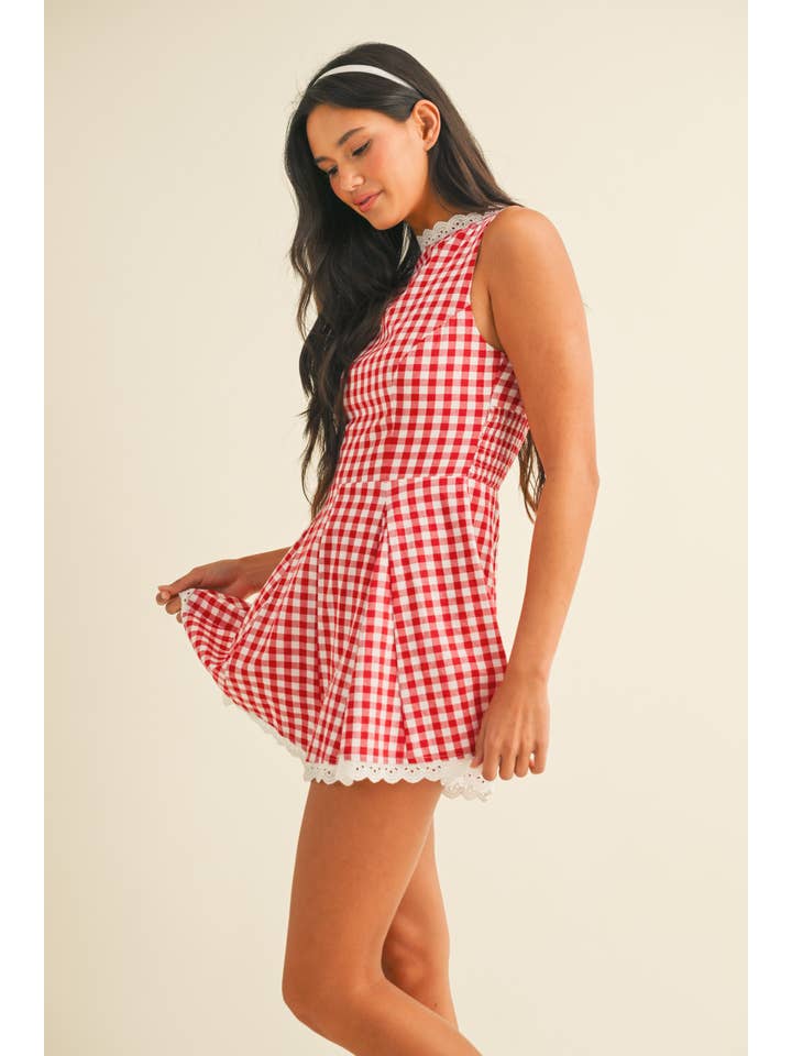 Klesis - Wholesale Romper - Women's - IR2203 SLEEVELESS GINGHAM LACE TRIM ROMPER