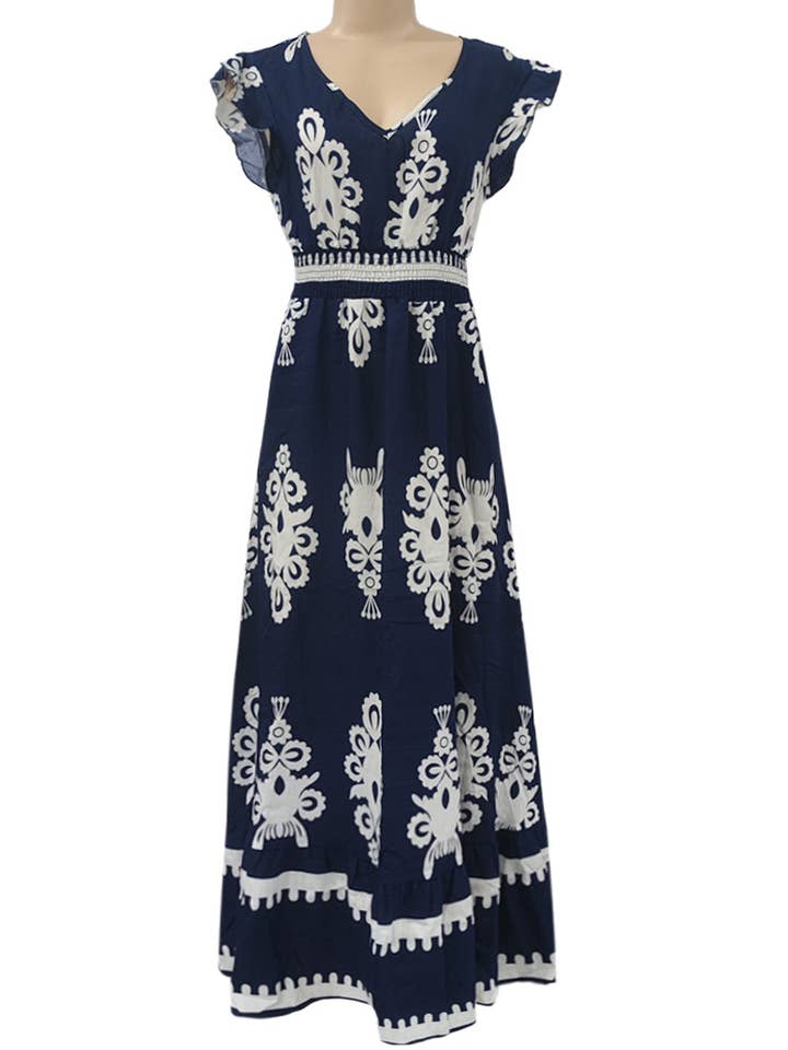 Rosa Clothing - Wholesale Dress - Women's - Boho Ethnic Print Ruffled Sleeve V-Neck Dress