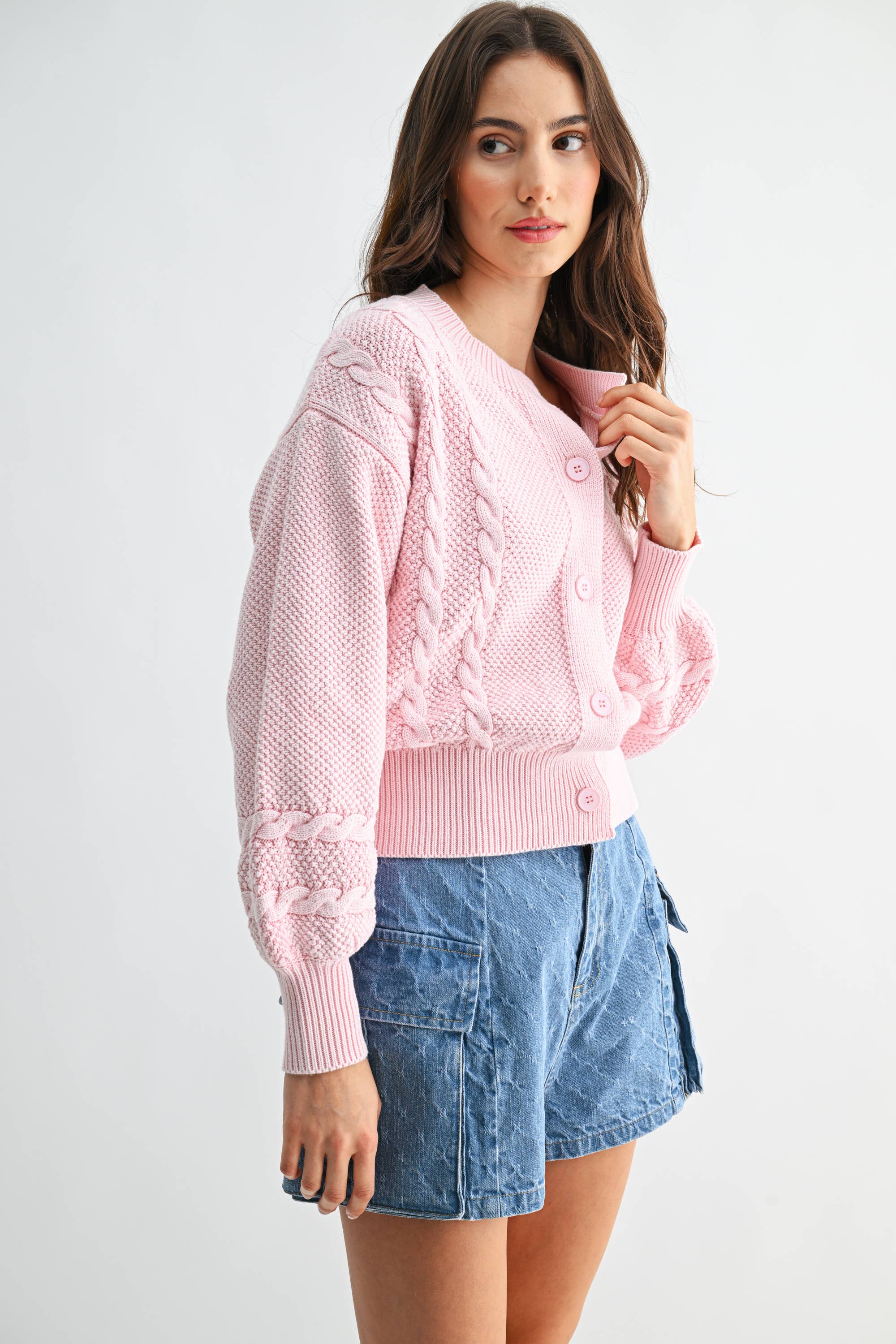 Camellia - Wholesale Cardigan - Women's - CW10019E WASHED BLENDED BROWN CABLE KNIT CARDIGAN19