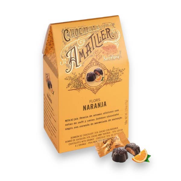 ADG Diffusion - Wholesale Chocolate Box - FLOWPACK CASE DARK CHOCOLATE PRALINES 70% ORANGE 72g0