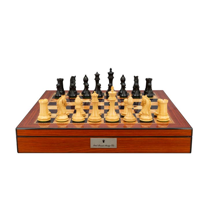 Ebenholts & buksbom 105 mm schackset i valnötsfack för wholesale av Dal Rossi Italy