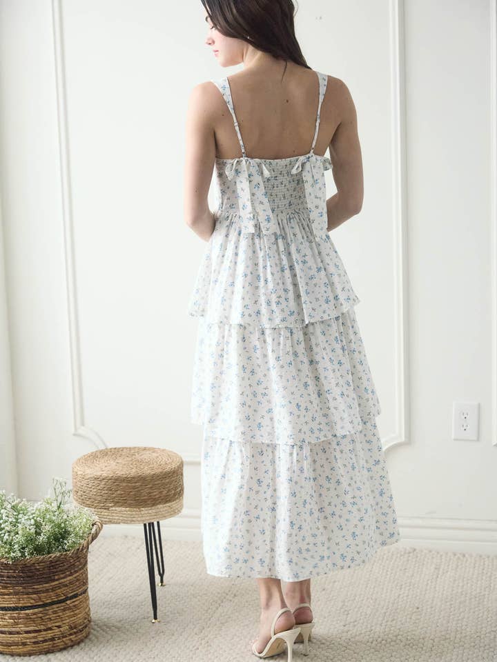 Blu Pepper - Wholesale Dress - Women's - FLORAL SLEEVELESS CORSET RUFFLE TIERED MIDI DRESS