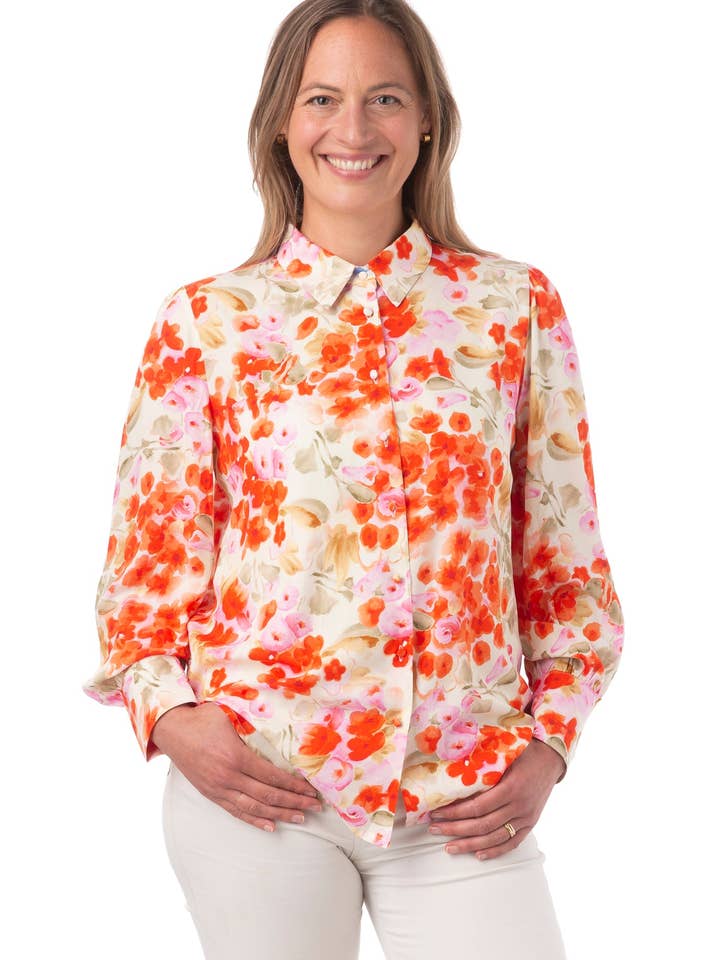 Ricciarda FB258 - Rote Stiefmütterchen Damen Sommerbluse mit Blumenmuster für den Großhandel von Franchetti Bond