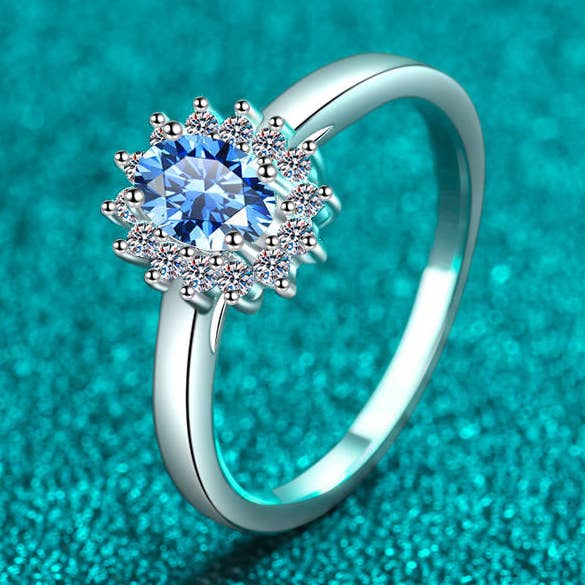 Anillo de compromiso de moissanita azul real en plata de ley 925 para venta al por mayor de Perimade & Co. LLC