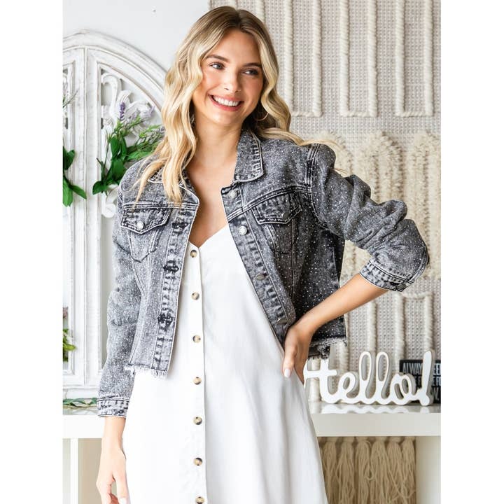 Black Sprinkle Rhinestones Crop Denim Jacket for wholesale on Faire