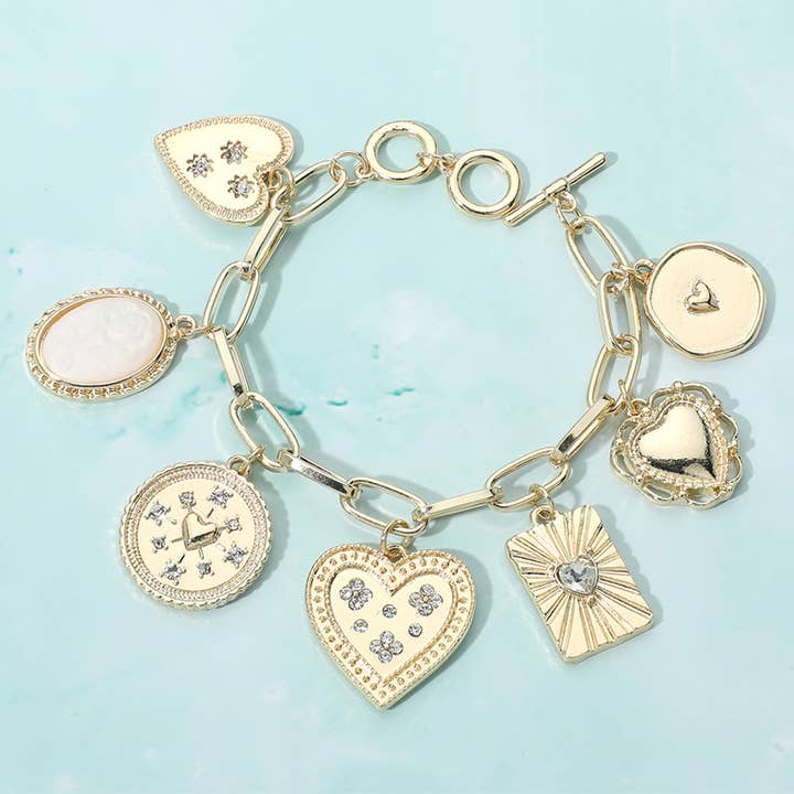 Sensibling Corp. - Wholesale Charm/Dangle Bracelet - Stone Paved Heart Oval Stone Charm Station Toggle Bracelet