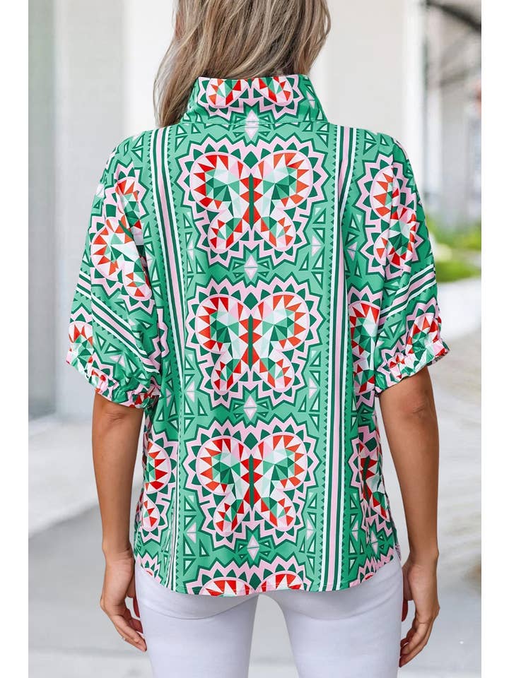 As shown Geometric Butterfly Print Collared Blouse | S-XL for wholesale on Faire