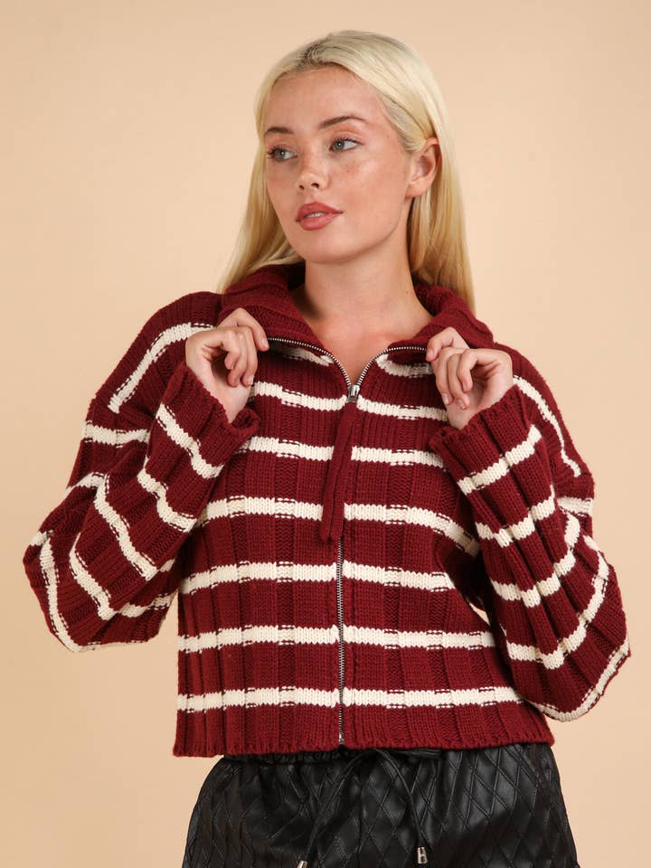 VERY J - Wholesale Cardigan - Women's - 12W3212N-Mock Neck Zipper Stripe Knit Sweater Cardigan