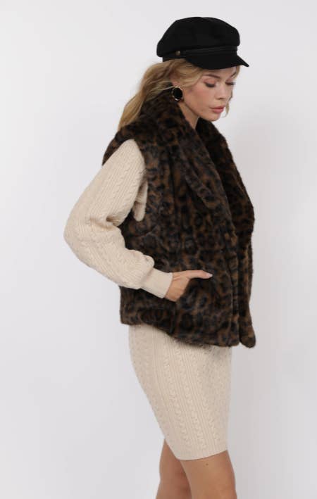 Sage The Label - Vente Pull sans manches – femme - Gilet surdimensionné en fausse fourrure léopard Waverly : MARRON NOIR6