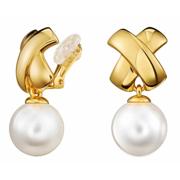 Traveller Drop clip earrings - gold plated - 14mm pearls whi for wholesale by Hollander Jewels B.V.