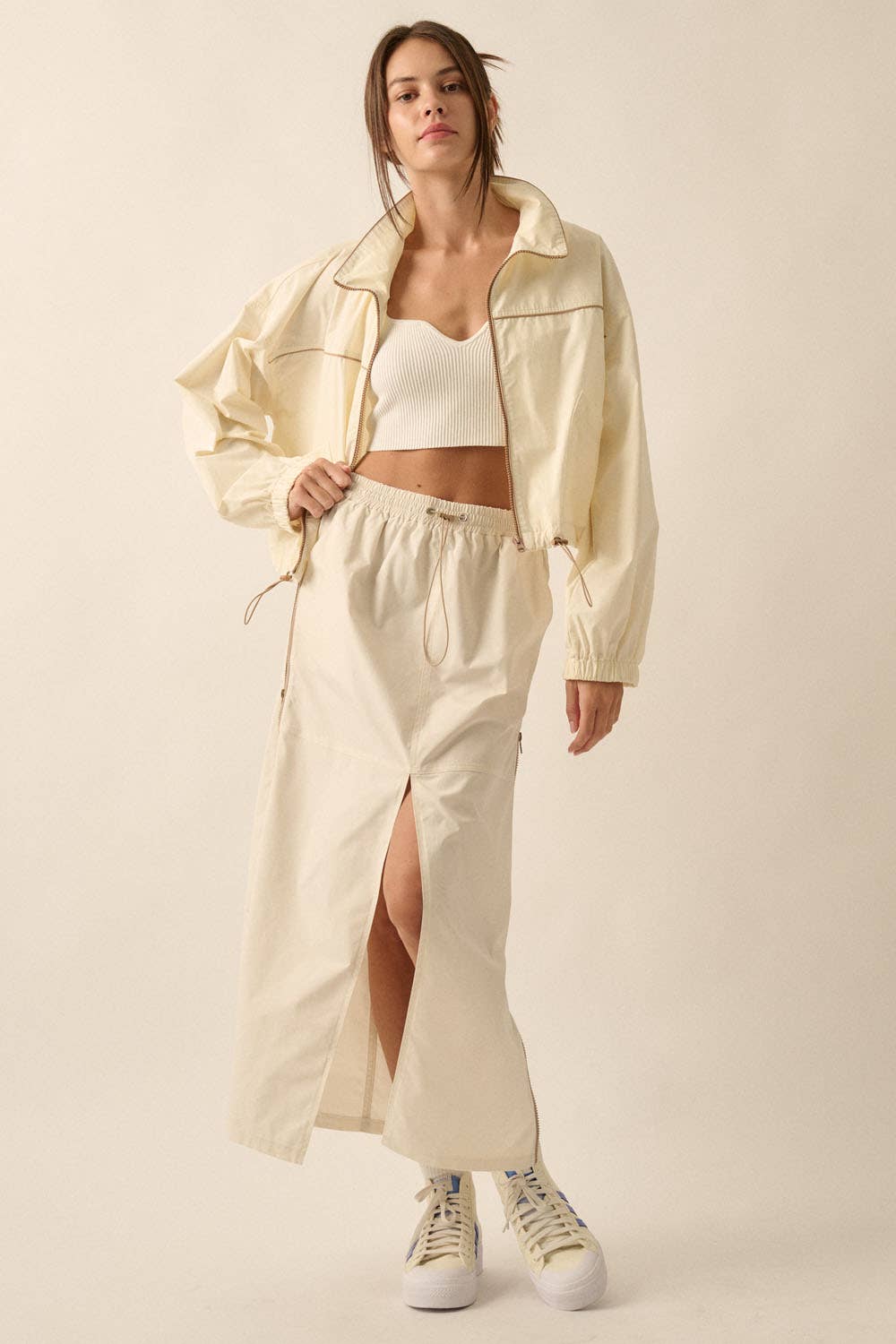 Cream Side-Zip Piping-Trimmed Drawstring Midi Skirt for wholesale on Faire4