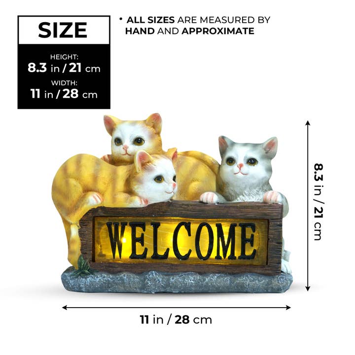 Accent Collection – wholesale Outdoor ornament/decor – Cute Yellow Solar Cat Garden Statue With Lit Welcome Sign