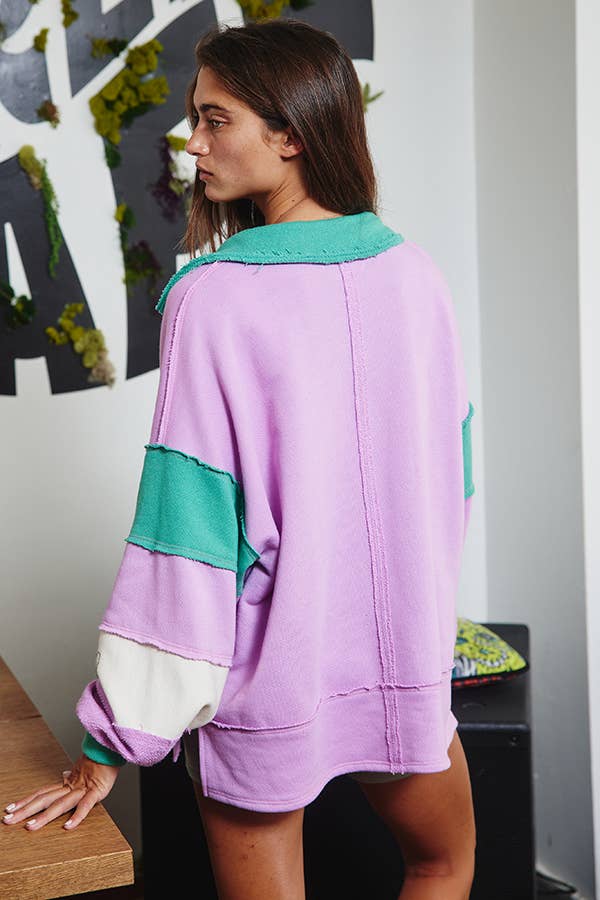 BUCKETLIST INC - Wholesale Tunic - Women's - T2004E French Terry Color-block Collared Loose Fit Top12