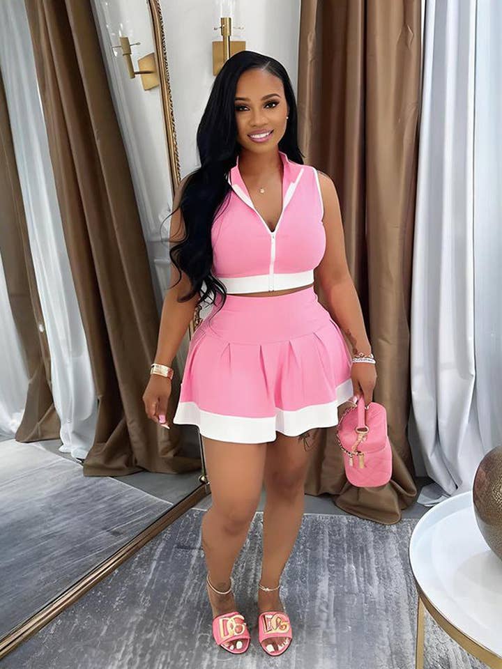 MB FASHION Two-Piece Zip-Up Crop Top and Pleated Mini Skirt Set 1804LY for wholesale by MB Fashion Wholesale