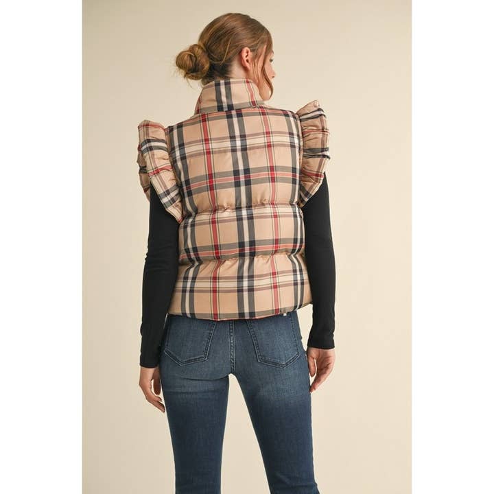 TAUPE Plaid puffer vest for wholesale on Faire