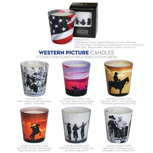 Western Picture Candles 12oz. for wholesale by Acadian Candle Company