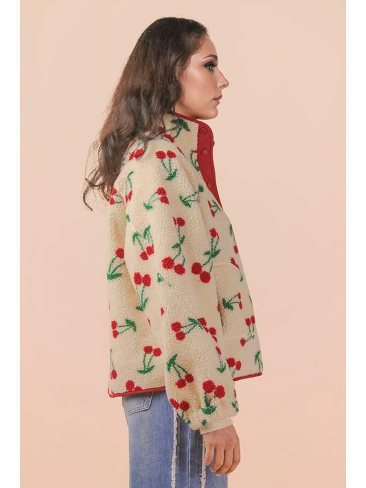 VERY J - Wholesale Jacket - Women's - NJ90423-Leopard & Cherry Printed Fleece Oversized Jacket8