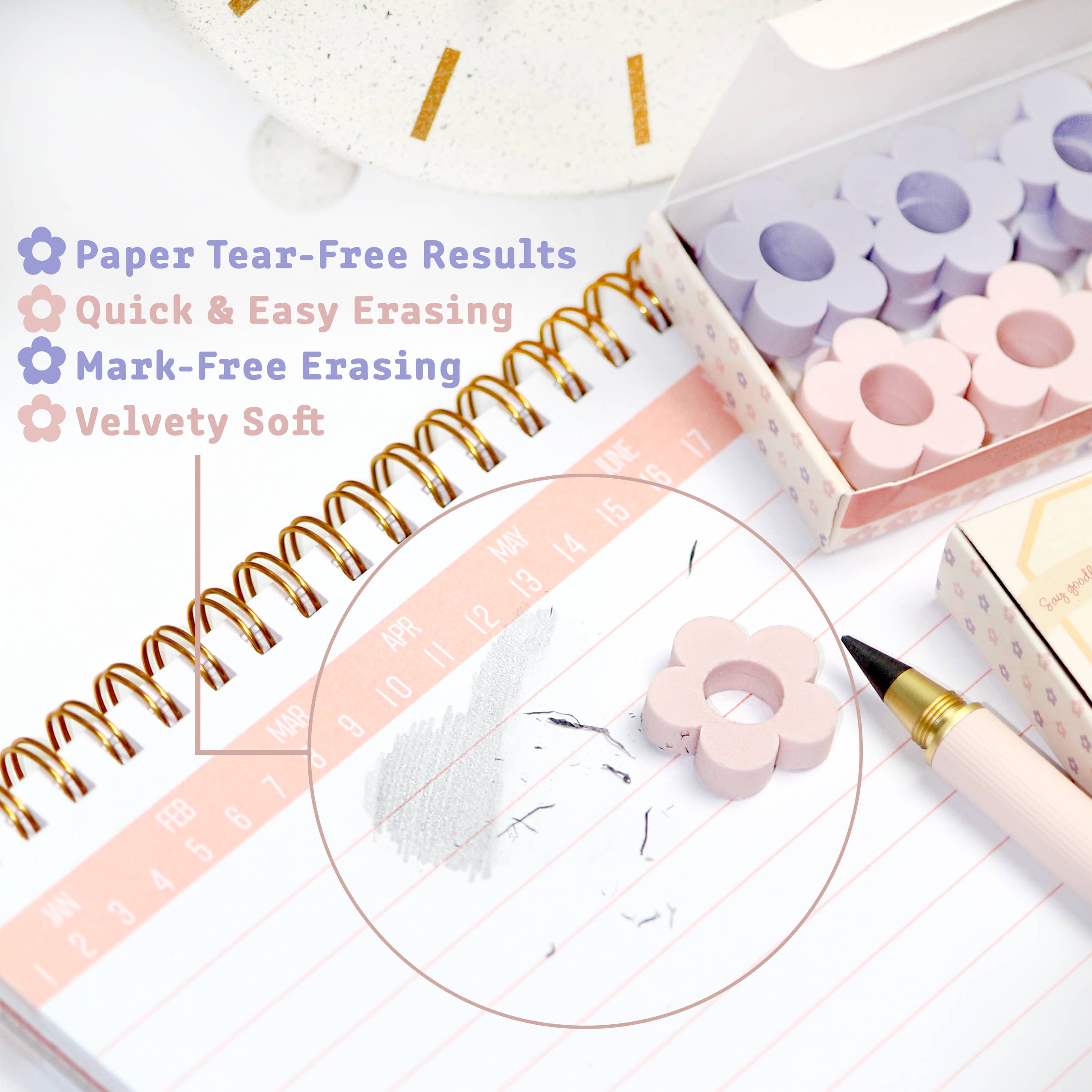 Omoni Designs – wholesale Eraser – Daisy Pencil Top Pink & Purple Eraser 12 Pack3