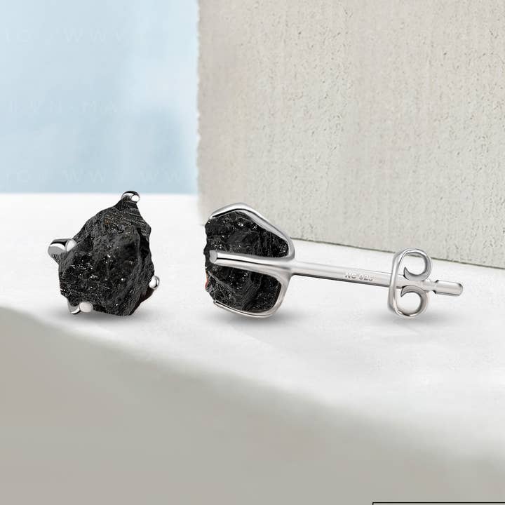 Natural Rough Shungite Stud Earrings in Sterling Silver for wholesale by Nature Crafts
