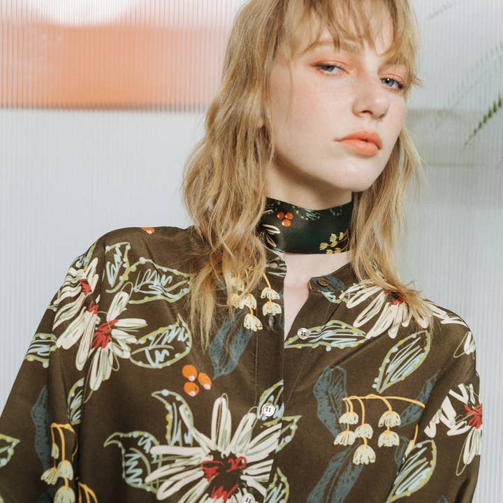 "Forest Charm" Silk Skinny Scarf - Moss Green for wholesale on Faire5