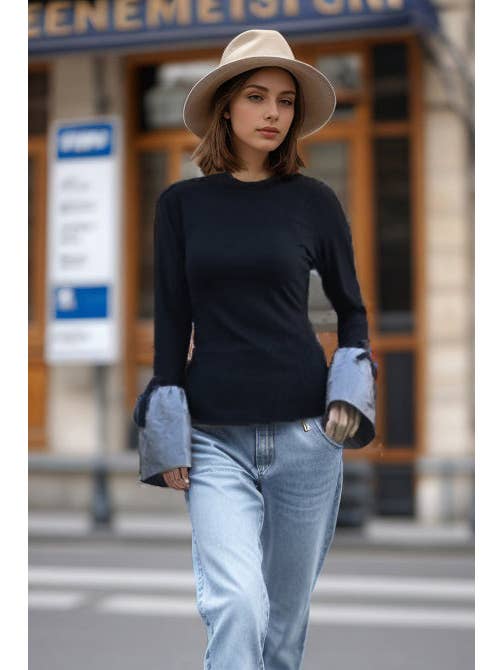 BLACK GREY SILVER CLEO MIXED MEDIA BELL SLEEVE TOP (BLACK /GREY SILVER)-VT3380 for wholesale on Faire