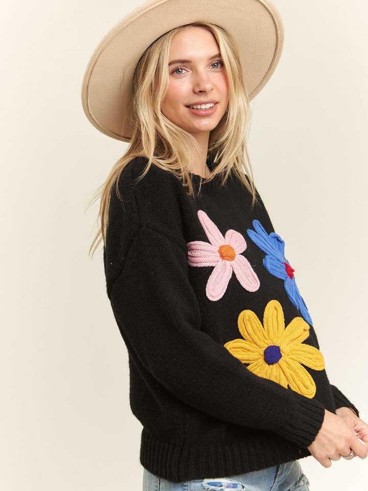 Madelyn - Wholesale Knit Sweater - Women's - LESW3598-BIG FLOWER PATCH SWEATER TOP