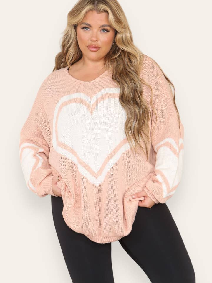 Miss Bold - Wholesale Tunic Sweater - Women's - Oversized Heart Print Knitted Jumper Top30