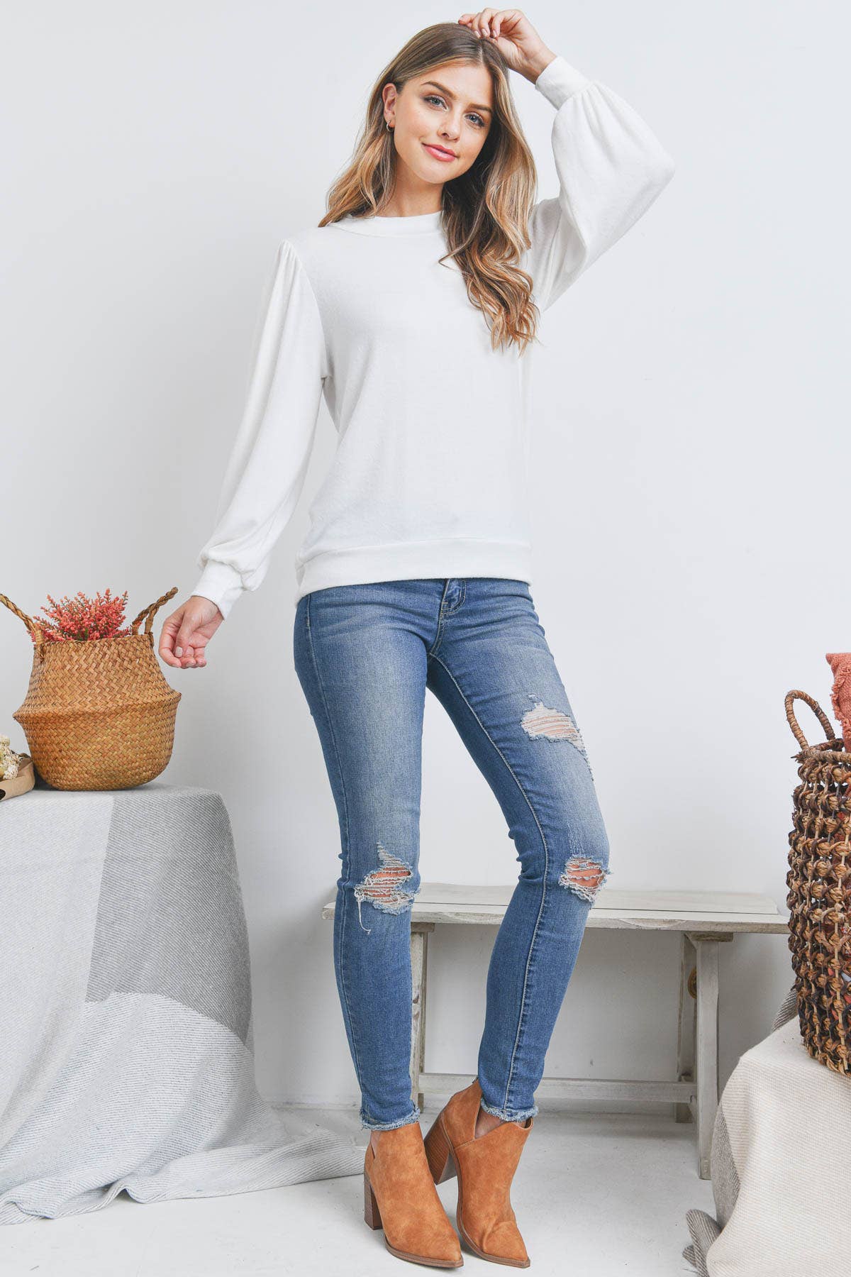 You & Me - Vente Haut en maille – femme - VENTE ! ! ! PPT21143 - HAUT À MANCHES BOUFFANTES À COL ROND - ANTHRACITE43