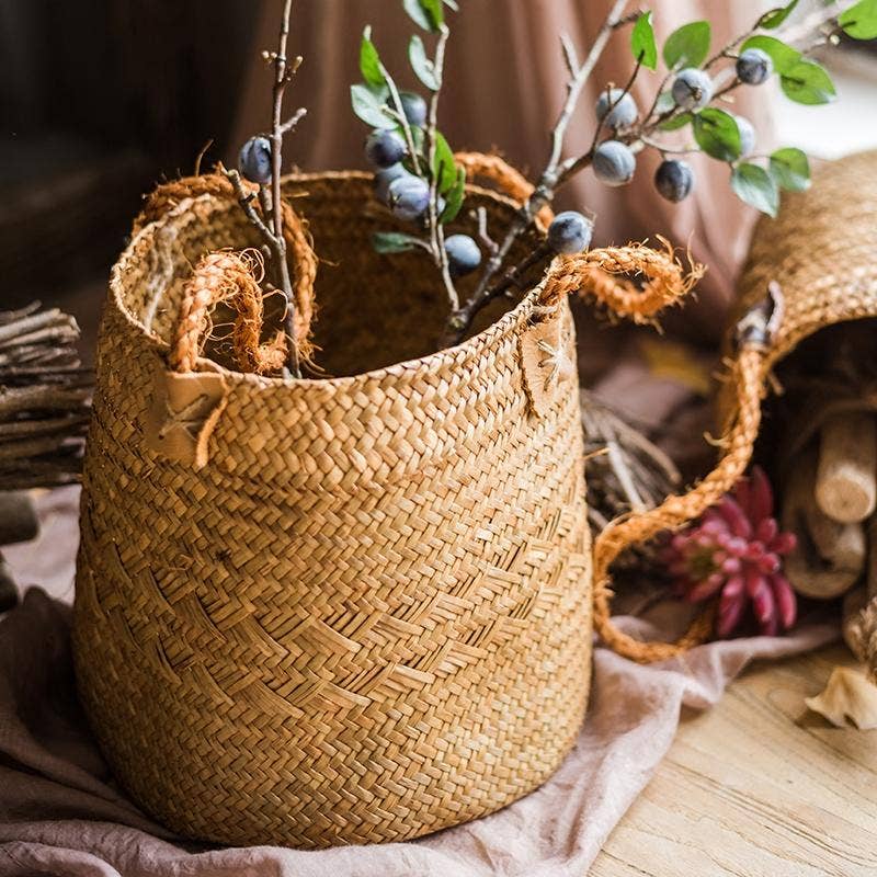 Rustic Reach - Vente Paniers - Panier en paille naturelle avec poignées en corde (lot de 2)1