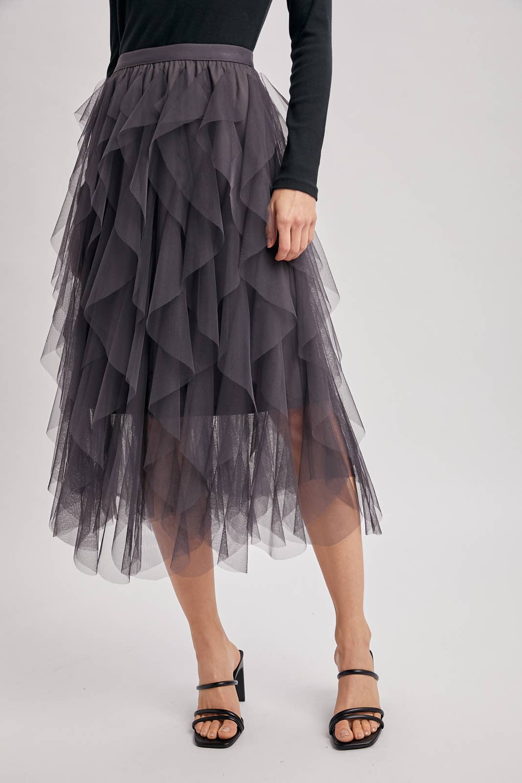 Bluivy - Wholesale Skirt - Women's - SPRIAL RUFFLED TULLE MIDI SKIRT