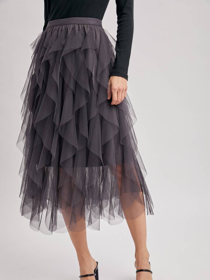 Bluivy - Wholesale Skirt - Women's - SPRIAL RUFFLED TULLE MIDI SKIRT0