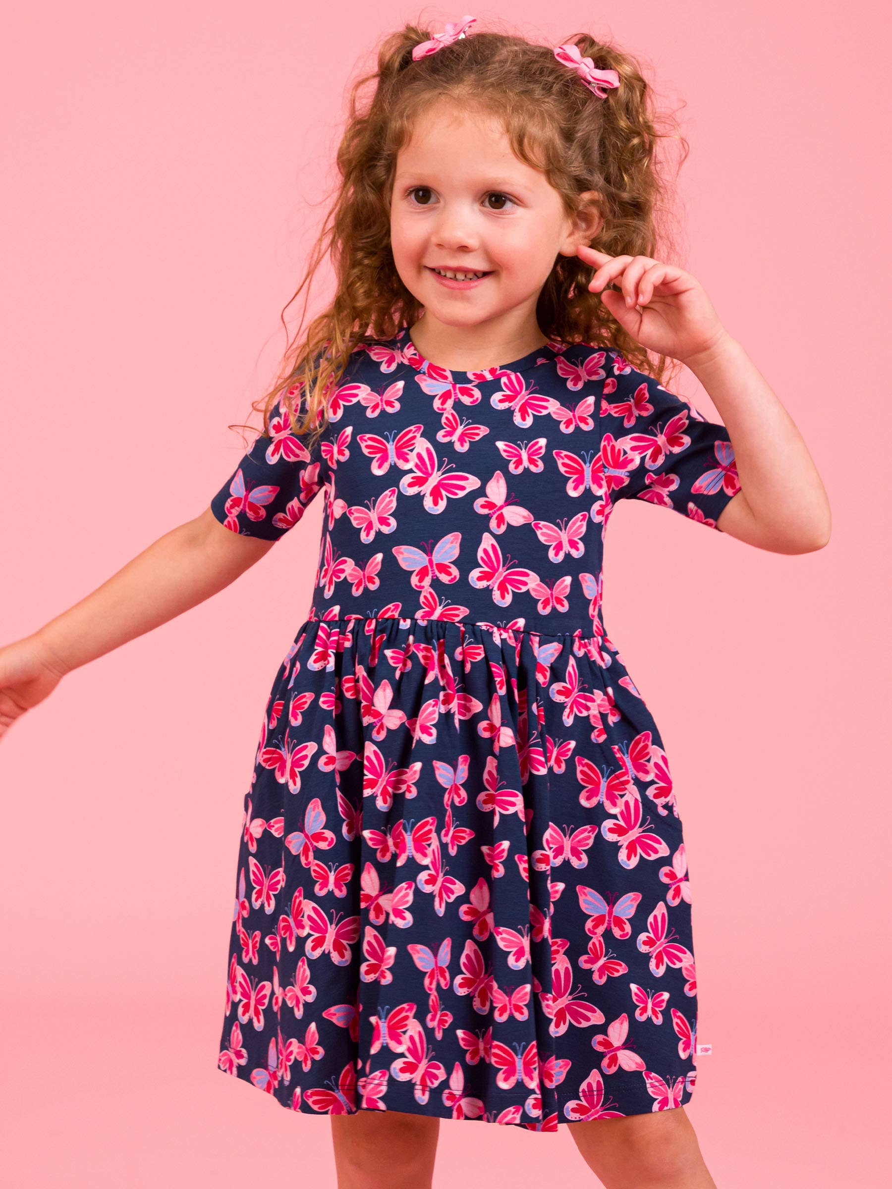 Navy Girls Butterfly Bliss Short Sleeve Knit Twirl Dress for wholesale on Faire1