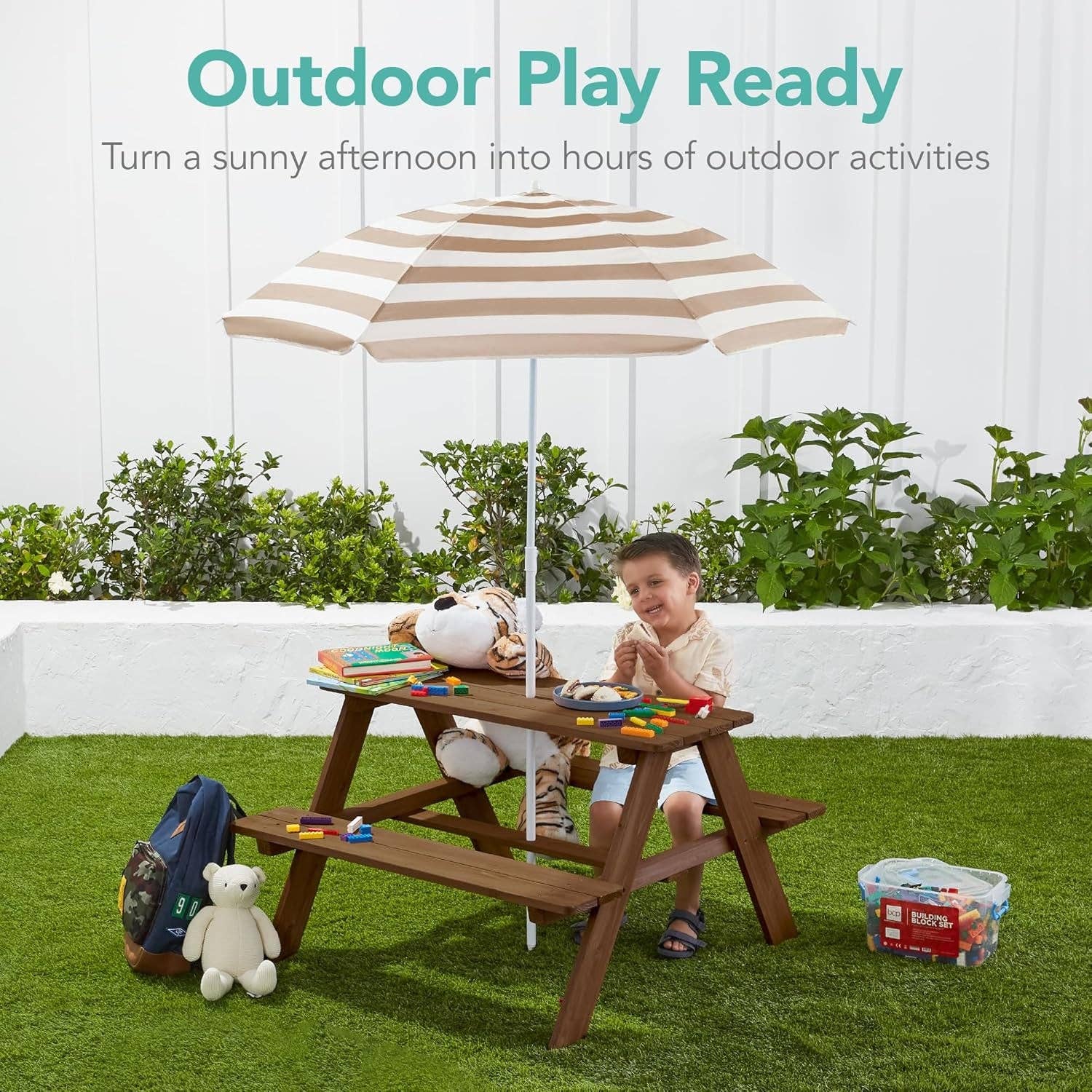 Walnut Wooden Kids Picnic Table With Adjustable Umbrella for wholesale on Faire2