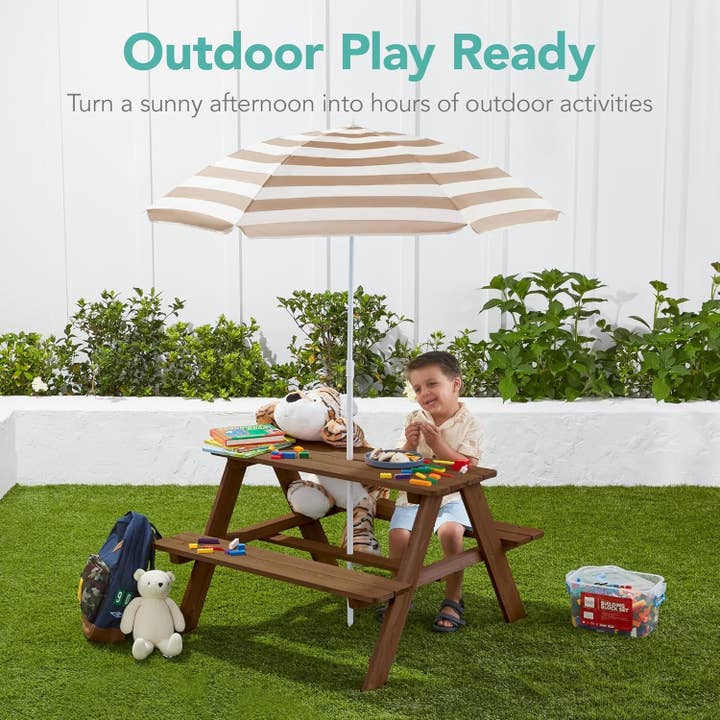 Walnut Wooden Kids Picnic Table With Adjustable Umbrella for wholesale on Faire2