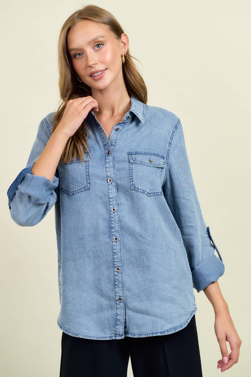 Doe and Rae – Camisa com botões no colarinho – Mulher por atacado – Camisa Chambray Button Down Com Manga Roll Up - 41778T5