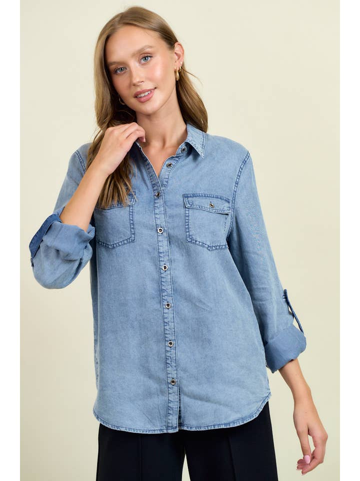 Doe and Rae - Wholesale Overhemd met knopen - Dames - Chambray overhemd met knoopsluiting en oprolbare mouwen - 41778T5