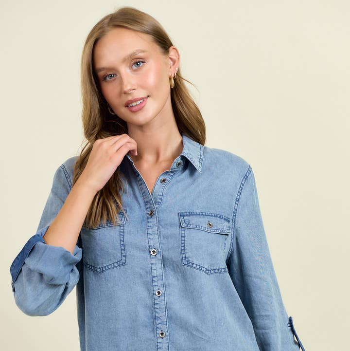 Chambray Button Down Shirt With Roll up Sleeve - 41778T for wholesale by Doe and Rae