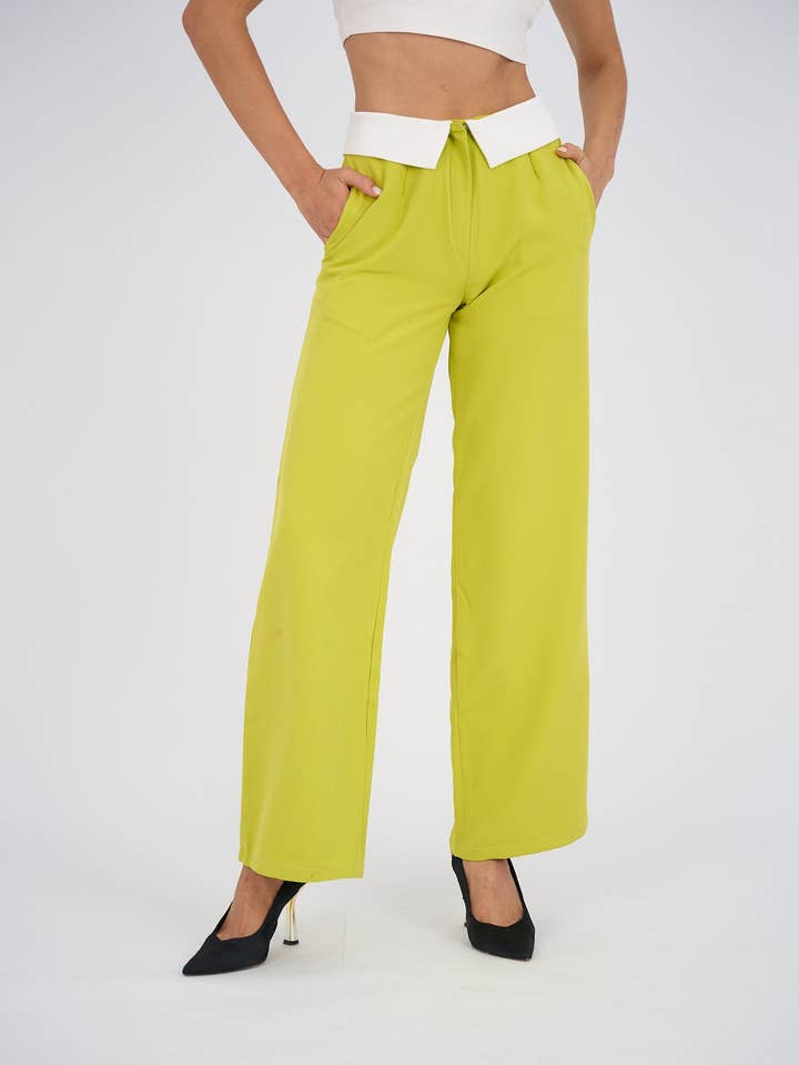 Hushy Wear - Wholesale Pants - Women's - Reversed Waistband Wide Leg Pants - Lime Green