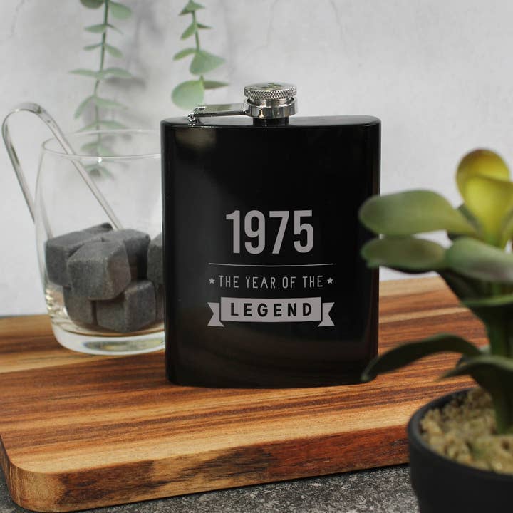 Black Metal 7oz Hip Flask Engraved 1975 Year of The Legend for wholesale by eBuyGB Craft Blanks