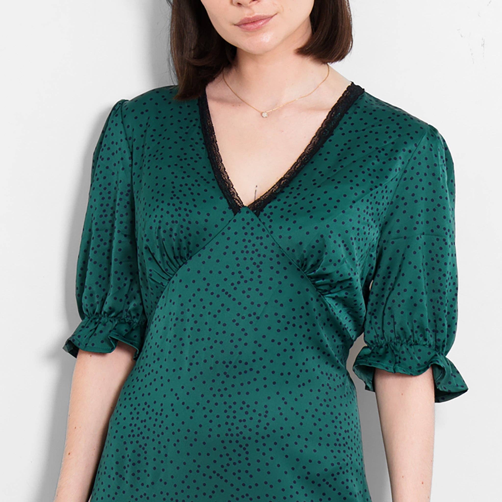 Sarta – wholesale Dress – Women's – Elise V-Neck Tea Dress- Green/Teal, Polka Dot7