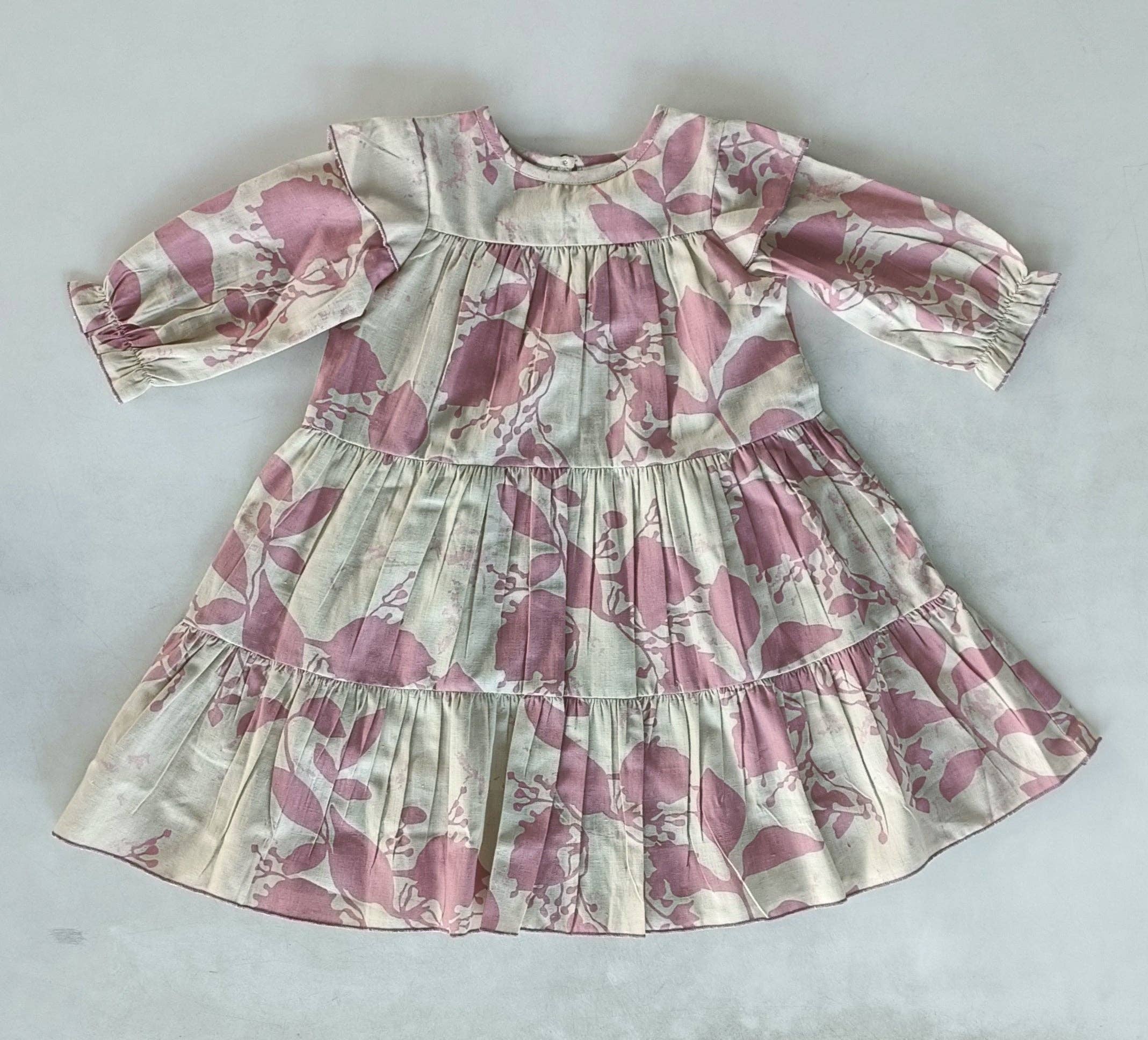 Yo Baby - Wholesale Dress - Kids - Dark Pink Leaf Printed Tiered Long Sleeve Dress8